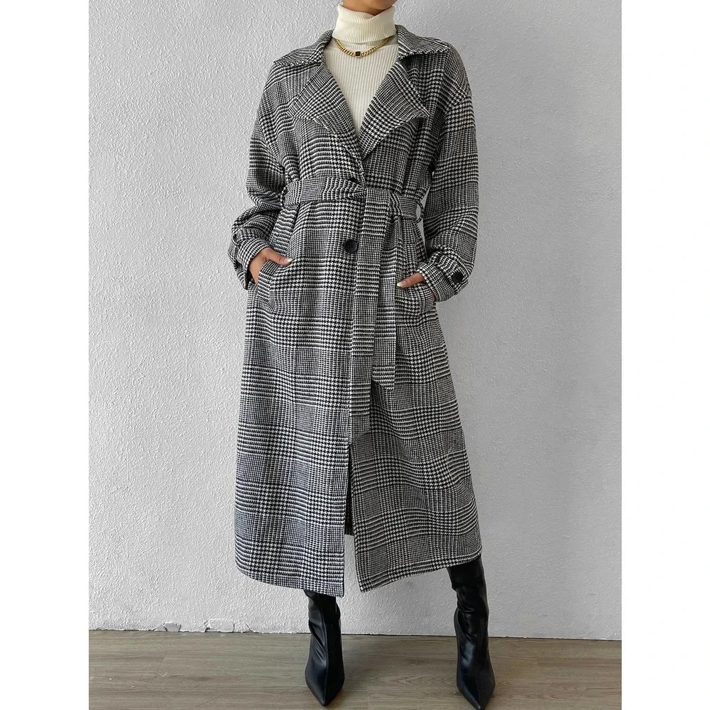 Gray black plaid long trench coat pea coat Belted Overcoat - Picture 3 of 6